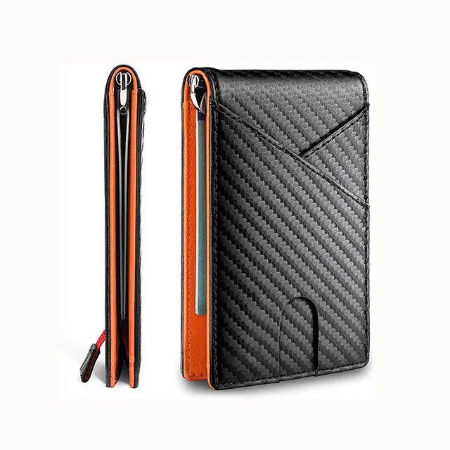 Custom Men's Minimalist Slim RFID Blocking Wallet Genuine PU Leather with Zipper Closure Embossed Logo and Letter Decoration