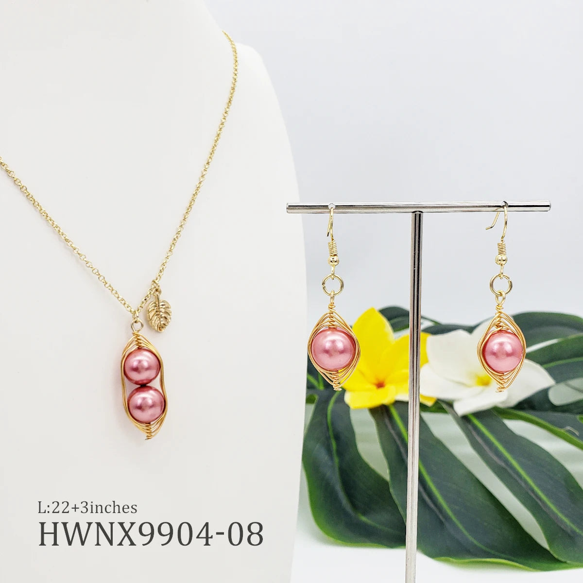 Hawaiian Jewelry Wholesale Fashion Sets Wired Gold Leaf Pendant Handmade Pearl Necklace