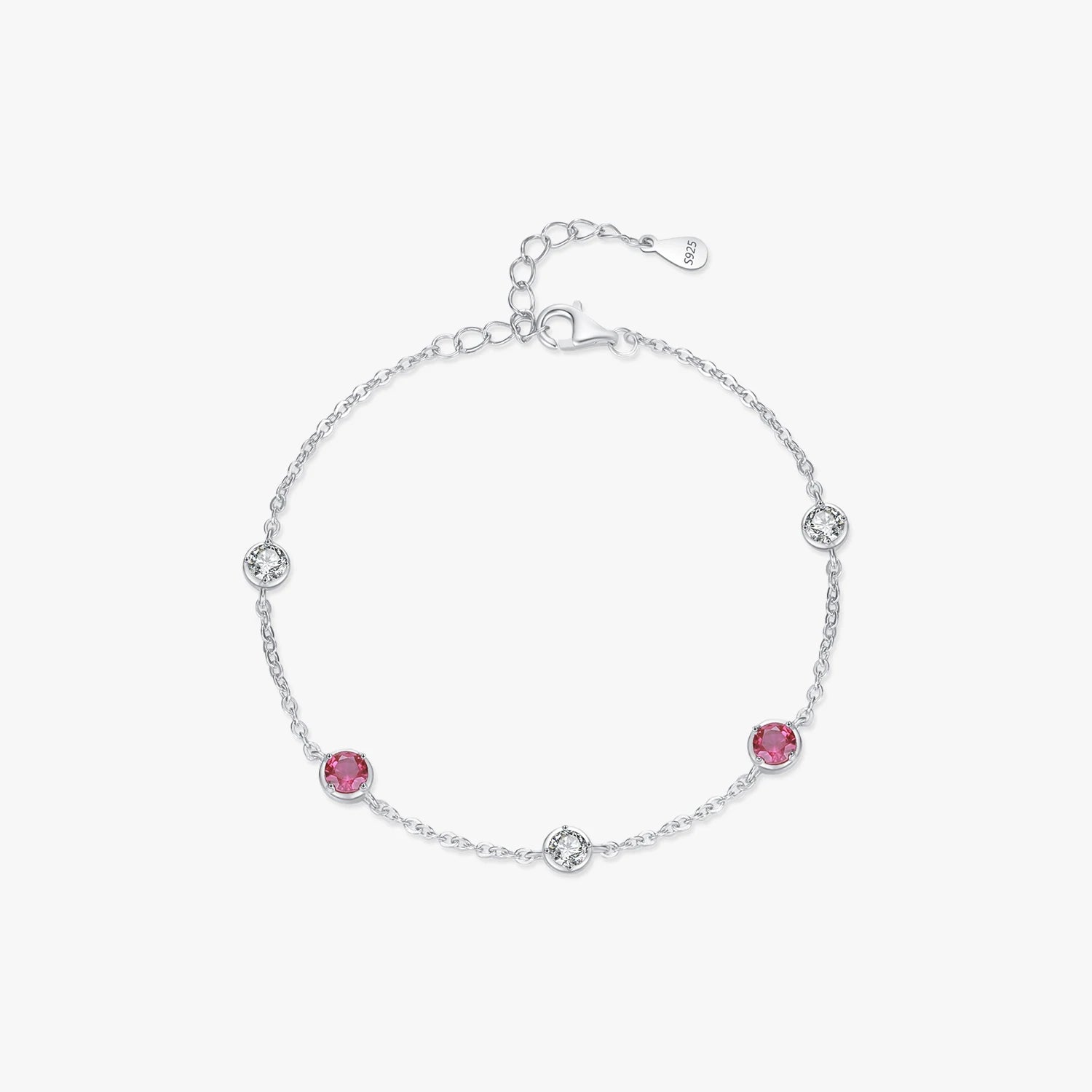 925 Sterling Silver Dazzling Prong Setting Round Red CZ Link Chain Adjustable Bracelet for Women