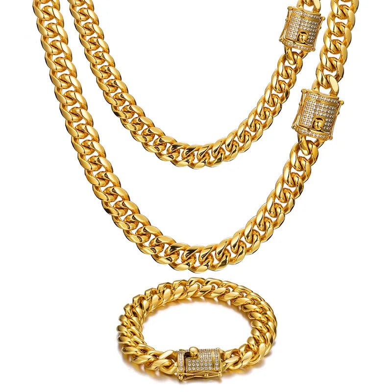 DUYIZHAO Hot Selling Stainless Steel 18K Gold Plated Tarnish Free Miami Cuban Link Hip Hop Jewelry Necklace Bracelet for Rapper