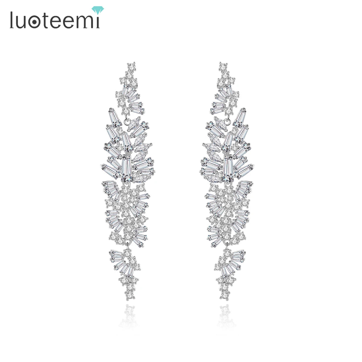 LUOTEEMI White Color Shape Long Dangle Earring with Zircon Emerald Cut for Girl Fashion Wedding Jewelry