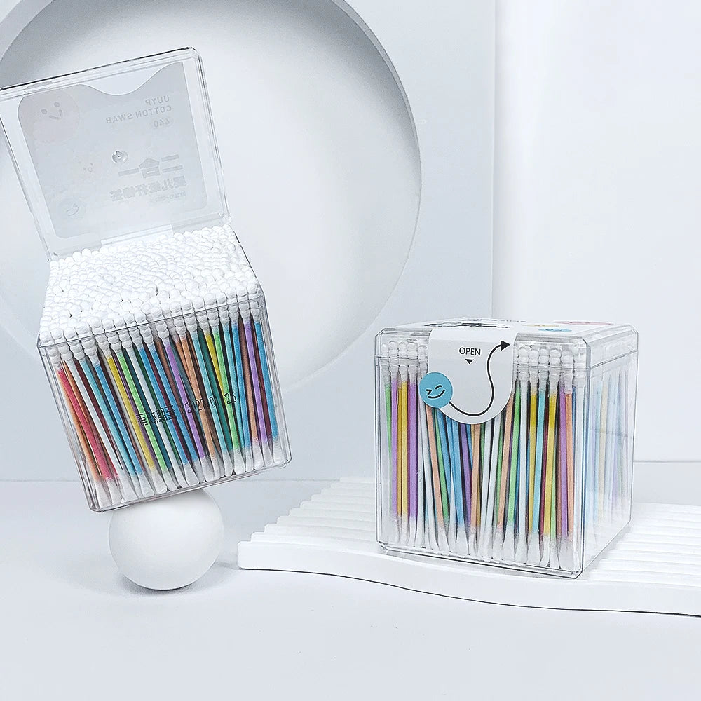 High Quality 440Pcs Double Head Rainbow Baby Ear Buds Cleaning Sticks Biodegradable Bamboo Handle Q Tip White Swab Cotton Bud