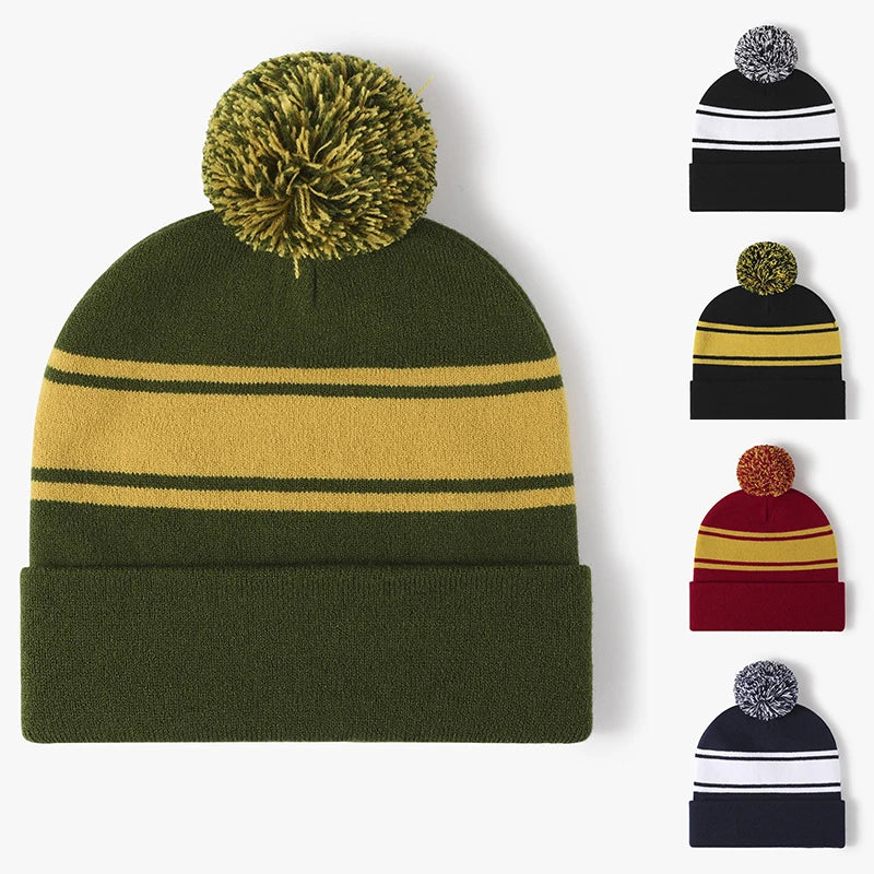 Wholesale Custom Logo Winter Warm Unisex Striped Knitted Jacquard Cuffed Pom Pom Beanie Cap Hats