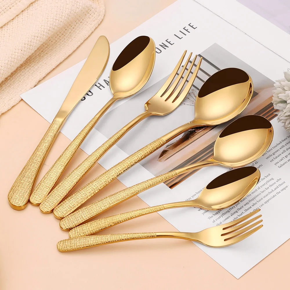 Restaurant Wedding 7 Pieces Cutlery Unique Hammered Handle Silverware 304 Stainless Steel Spoon and Fork Silver Flatware Set