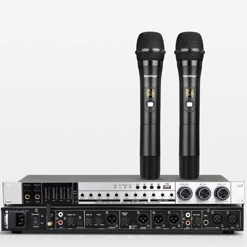 Depusheng REV3800 Professional Digital Audio Effects Processor With 2 UHF Handheld Microphones With Karaoke Concert