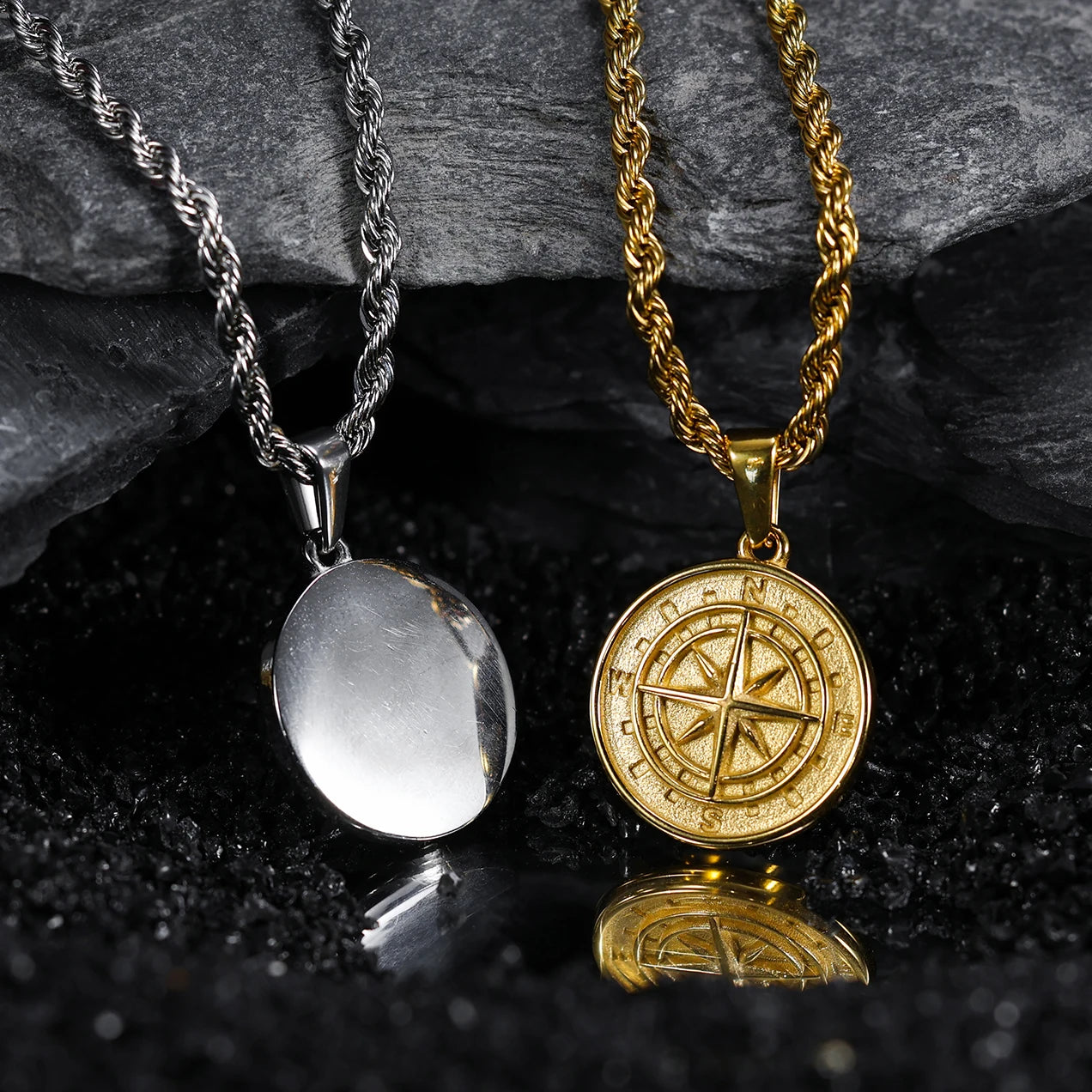 Vintage 18k Gold Compass Pendant Jewelry Custom Men Stainless Steel Round Coin Compass North Star Necklace