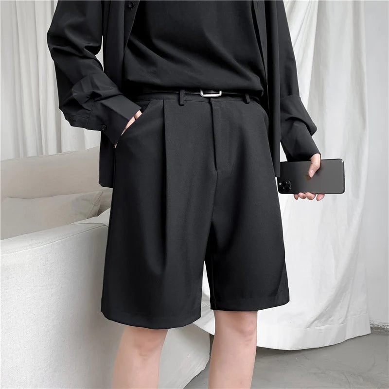 Summer Men's Shorts Straight Fit Knee-length Short Suit Pant Solid Black Summer Clothing Student Thin Casual Shorts Man