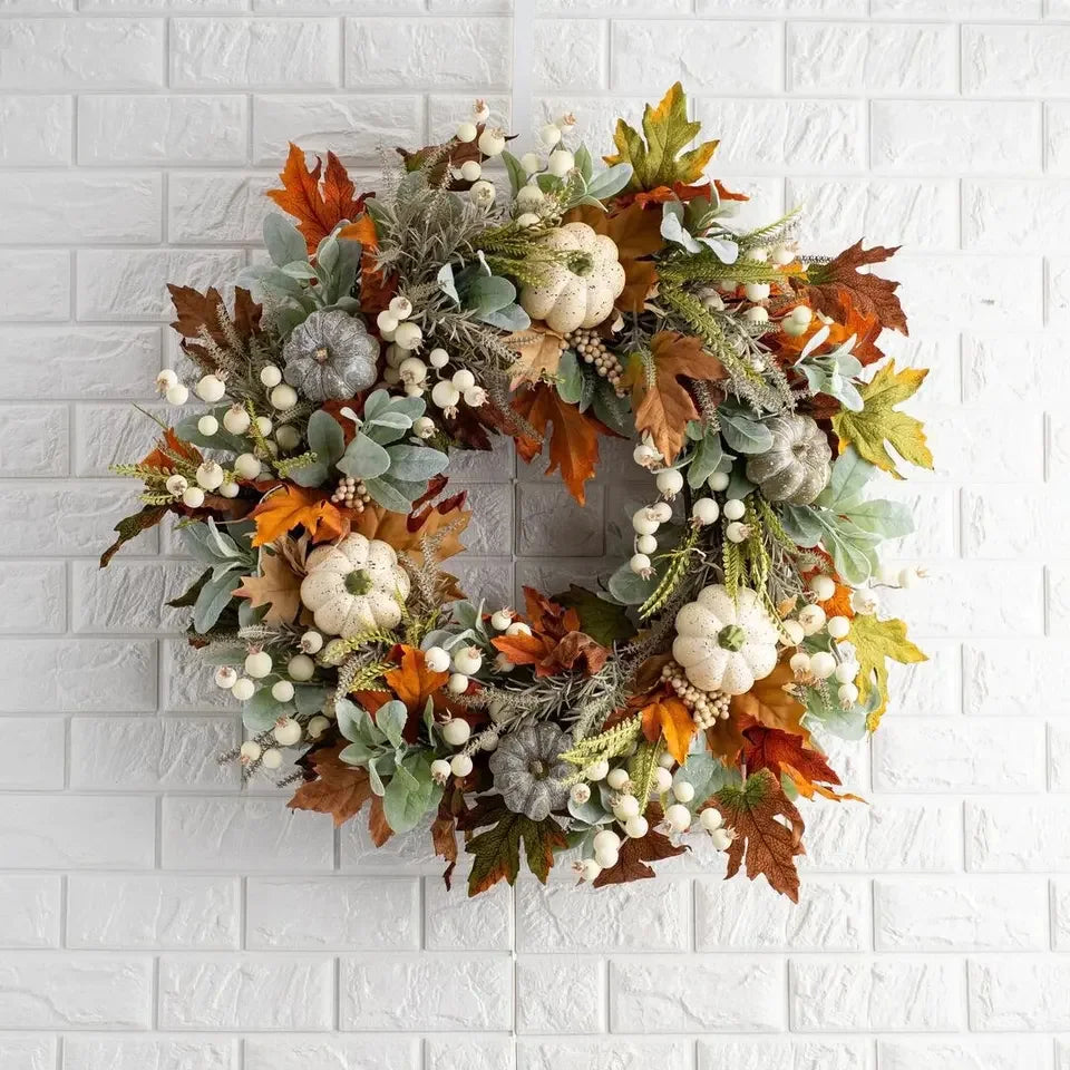 Manufacturer Direct Sale Plastic Rattan Maple Leaves Thanksgiving Autumn Pumpkin Wreath 40/45cm Home Decoration