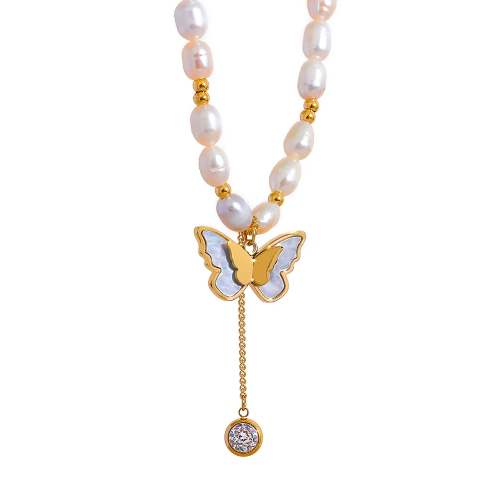 JINYOU 721 Luxury Natural Freshwater Pearl Chain Butterfly Pendant Stainless Steel Handmade Necklace for Women Exquisite Jewelry