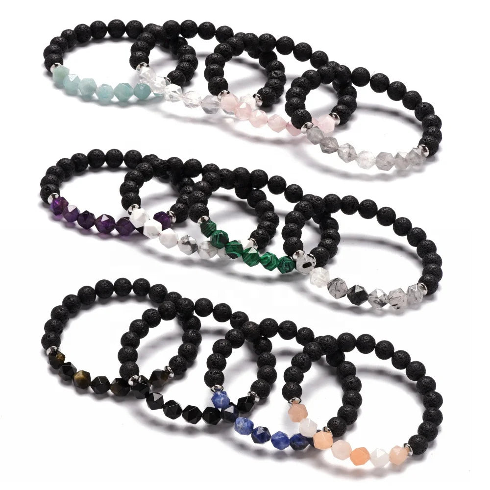 Custom Natural Black Lava Gemstone Diamond Faceted Beads Stainless Steel Spacer Accessories Elastic Beaded Bracelets for Men and