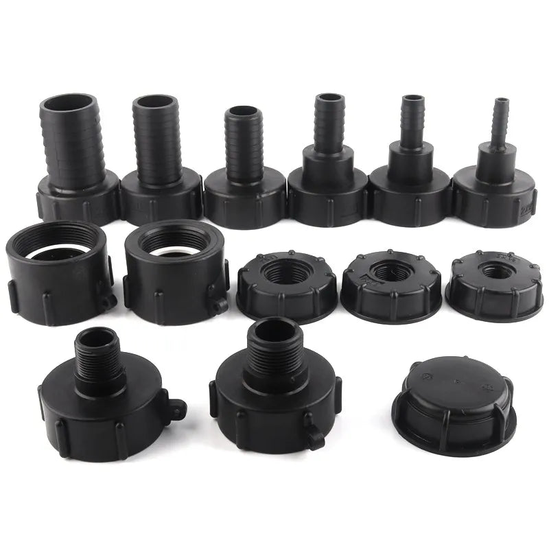 Black 1/2" ~2" Female Thread ABS Plastic IBC Tank Adapter Water Tap Valve Replacement Fittings Garden Agriculture Irrigation
