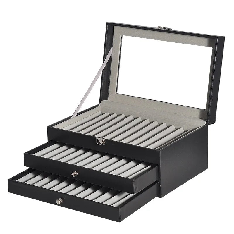 36 Slot Black Leather Pens Lip Stick Jewelry Storage Display Box Case Organizer with 2 Drawers