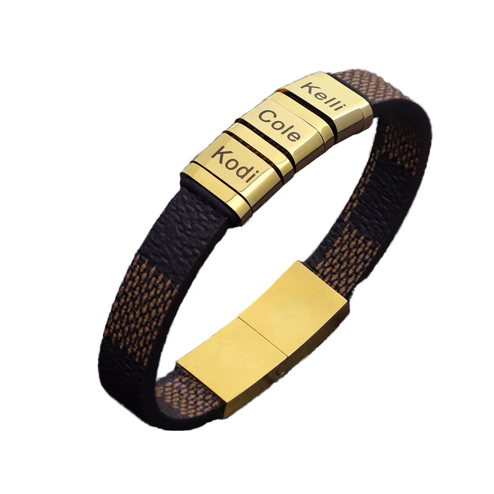 Personalized Simple Fashion Stainless Steel Bracelet for Men New Trendy Gold Plated Jewelry with Leather Lettering Gift