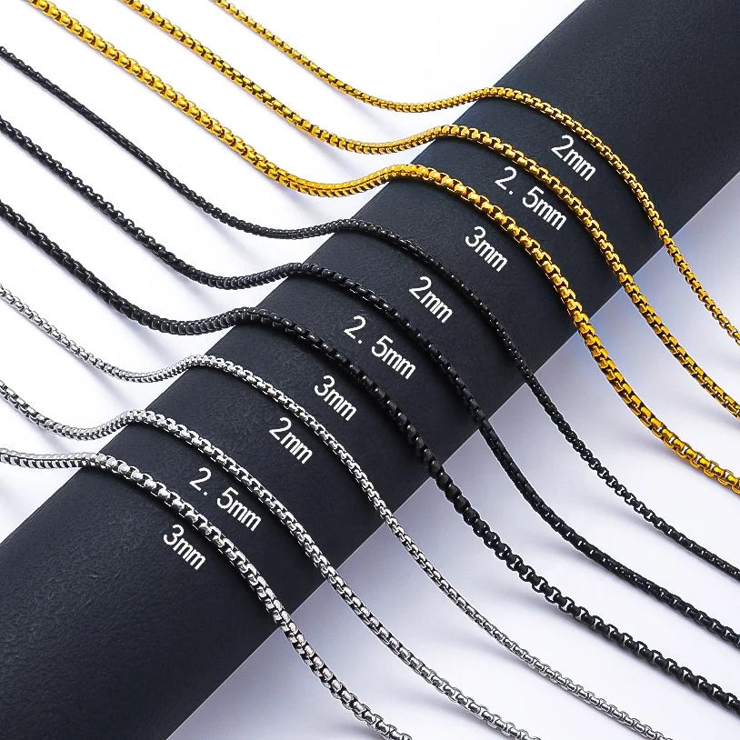 Wholesale Fashion Jewelry Gold Stainless Steel Square Pearl Chain Necklace 2/2.5/3MM Plain Box Chain Link Necklace for Women Men