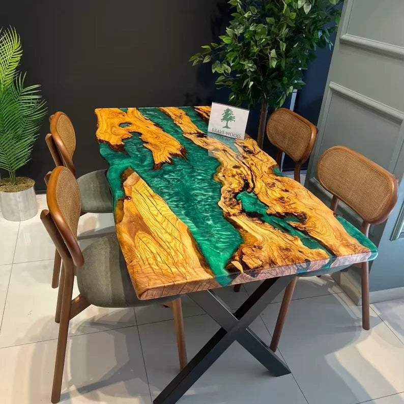 Specially Design Walnut Solid Wood Dining Tables Top Blue Transparent River Resin Rectangular Wood Epoxy Table Green
