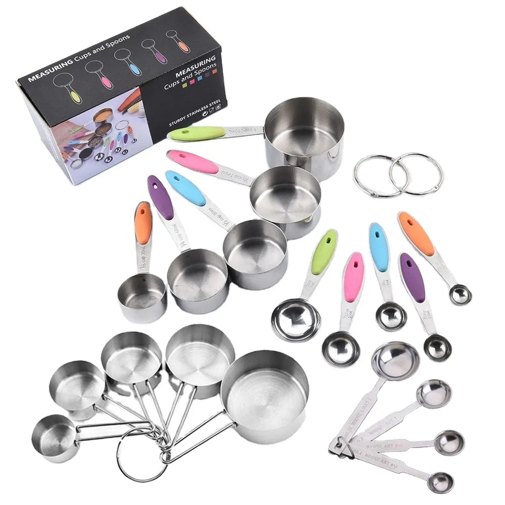 Kitchen Accessories Silicone Handle Stainless Steel Measuring Cups and Spoons Set