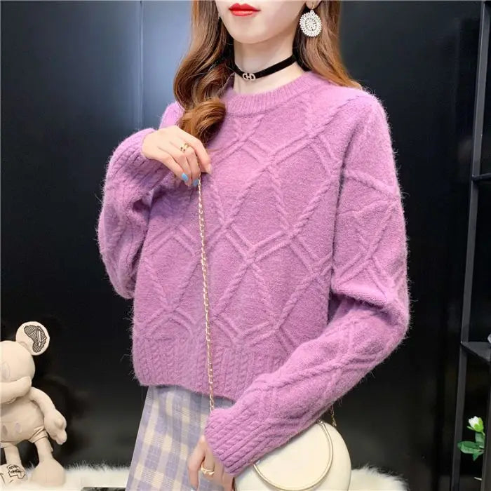 Autumn and Winter Knit Top Solid Color Casual O-neck Sweater Knitted Pullover Sweater for Woman