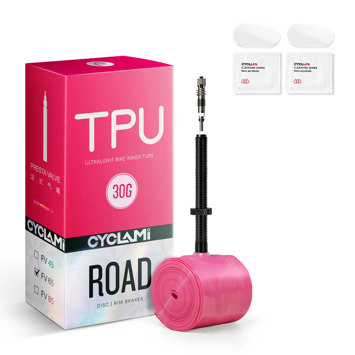 CYCLAMI 30g 700C Road Bicycle Tube 45mm 65mm 85mm Aluminium Alloy FV Valve with Tire Patches 30g Inner Tube for Road Bike