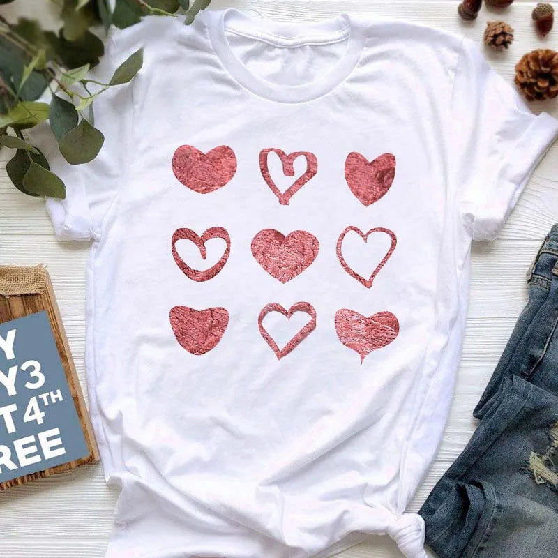 Red Heart Printed Women T-Shirts Fashion Streetwear Short Sleeve Tee Clothing Casual Soft Women Tops Valentine's Day T-shirt