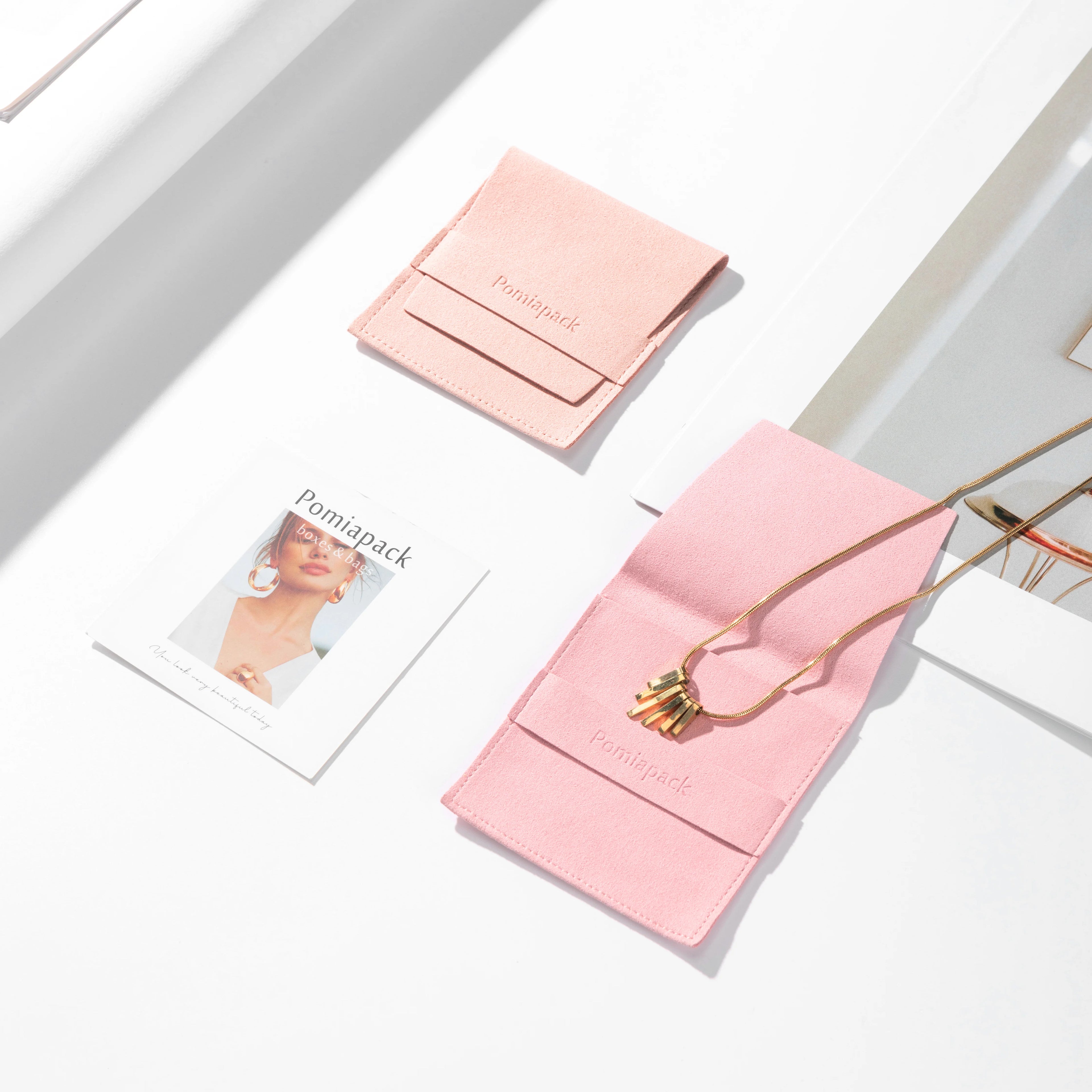 Newest pink logo Custom Printed Envelope pink Jewelry Pouch Microfiber Packaging Gift Bag Display Necklace Pouch