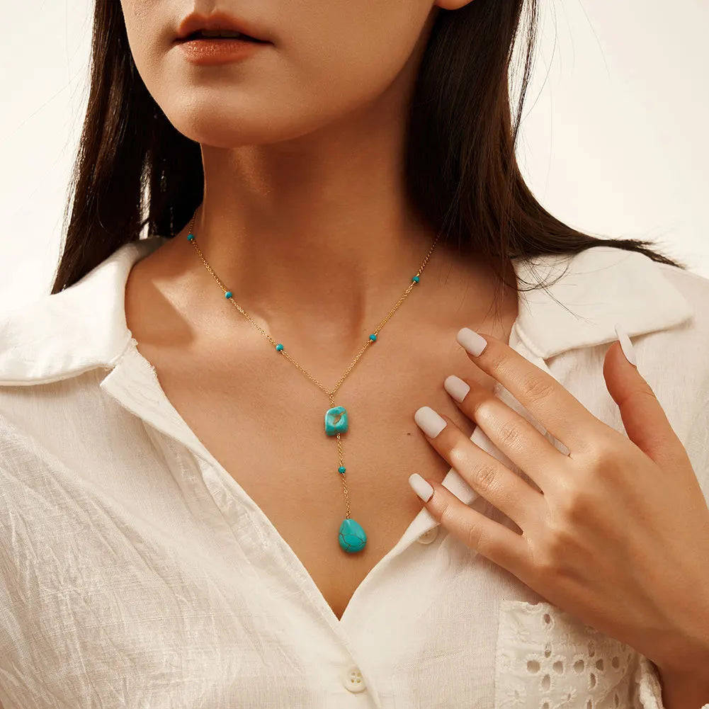 New Fashion Trendy Gold Plated Sterling Silver Y Shaped Smaller Bead Turquoise Long Tassel Necklace Pendant Necklace for Women