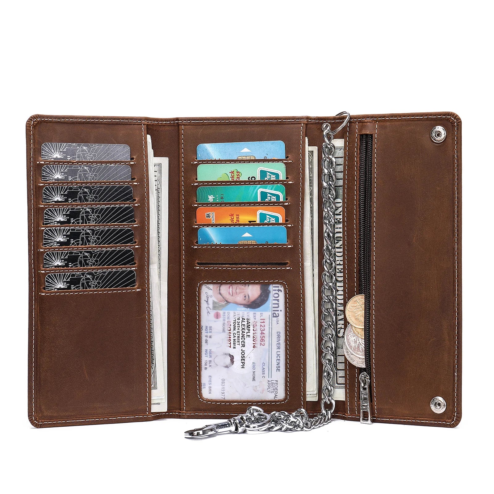 Men's Crazy Horse Leather Chain RFID Blocking Smart Wallet Long Clutch Purse Genuine Leather Button Closure Vintage Retro Wallet