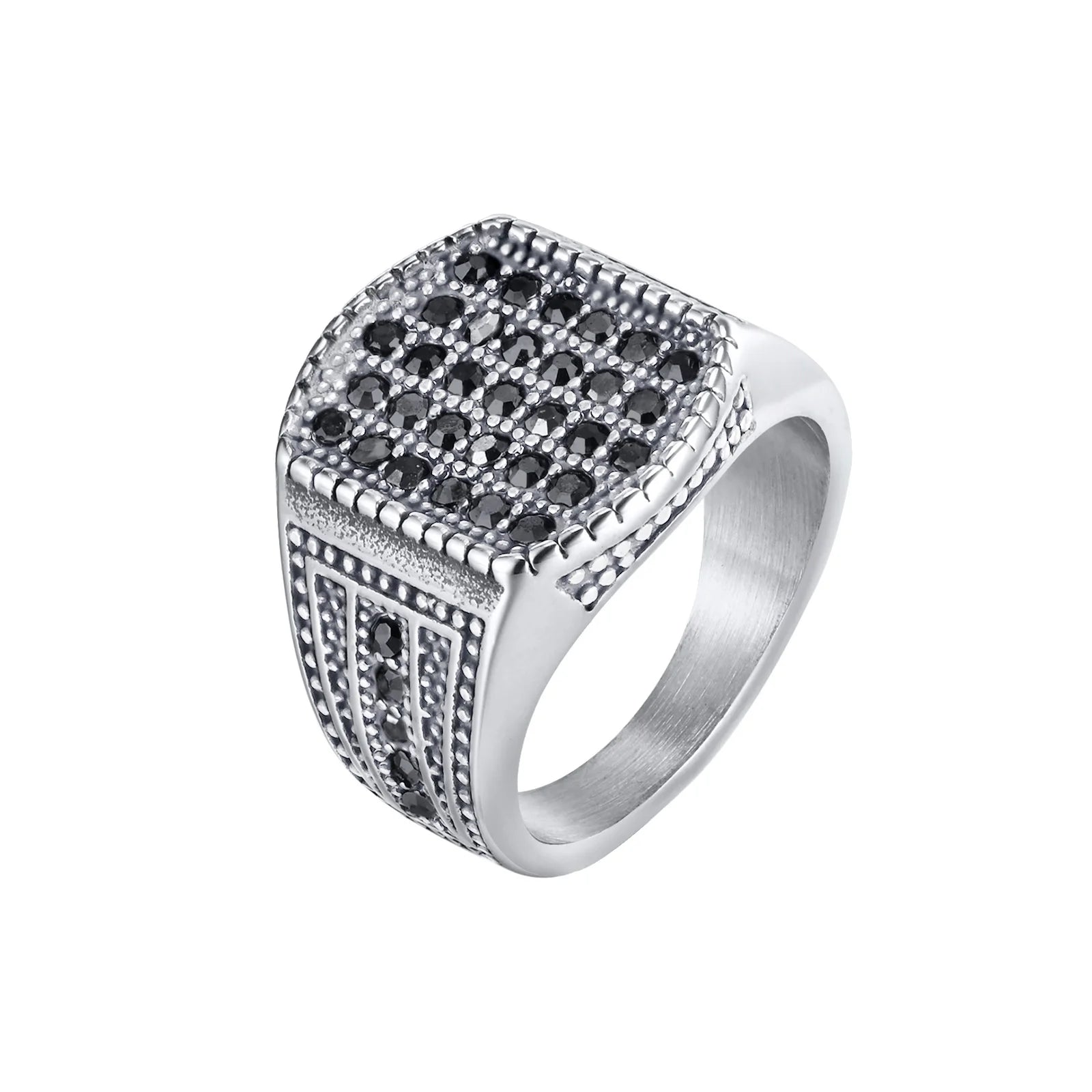 Alin Vintage Stainless Steel Chunky Dome Ring for Men Classic Wedding Bands with Black Zircon Stylish Jewelry