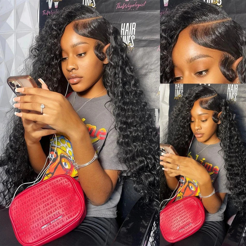 100% Real Human Hair Water Wave Lace Front Wig for Women Natural Black Color High Density 13x4 Transparent Lace Frontal Wig