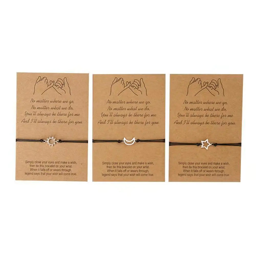 Best Friends Couple Family Handmade Braided Bracelet 3 Piece Set Jewelry Alloy Sun Moon Star Adjustable Woven Card Bracelet