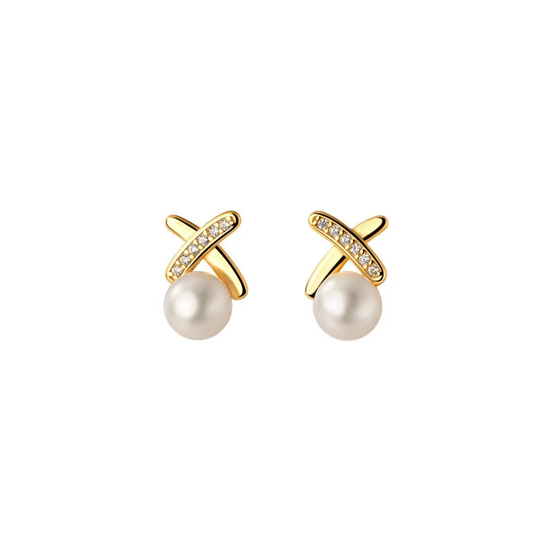 18K Gold Plated 925 Sterling Silver Stud Earrings Potato Shape White Pearl Geometric Knot Design Women's Trendy