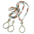 Women Gift Fashion Boho Jewelry Set Natural Stone Crystal Glass Long Knotted Rhinestone Drop Pendant Necklace Earring Set