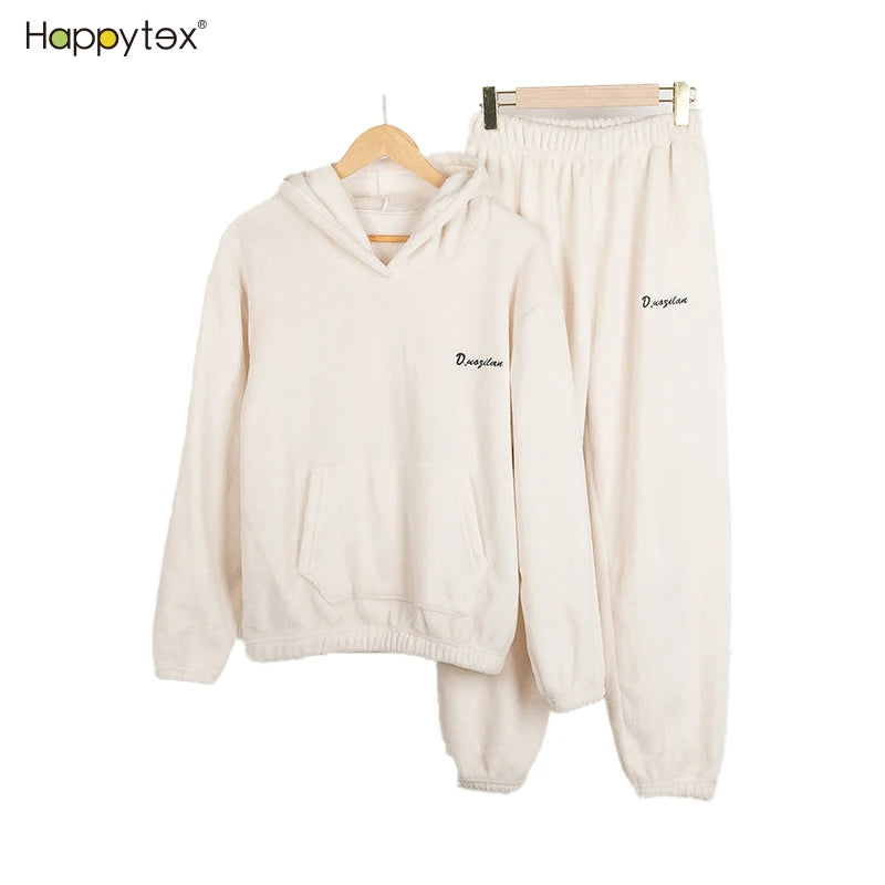 Luxury Lovely 2PC Women Pajama Set Velvet Thick Soft Comfortable Sexy-Women-Bedroom-Sleepwear Winter Hooded Warm Home Wear