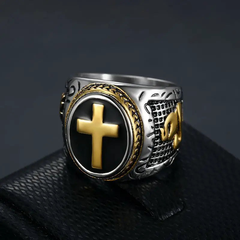 Wholesale Stainless Steel Cross Ring for Men Vintage Christian Jewelry 18K Gold Plating Zircon Waterproof Wedding Gift Fashion