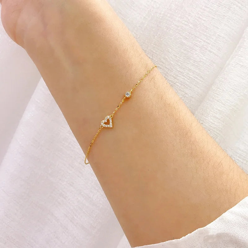 Love Heart CZ Stone 925 Sterling Silver Gold Plated Bracelets Women Jewelry Bracelet