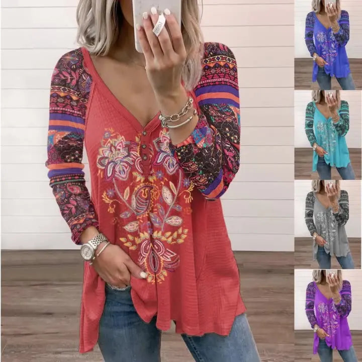 Ladies Women Summer Casual V Neck Long Sleeved Tops Printing S-5XL Plus Size Loose Polyester T-shirt