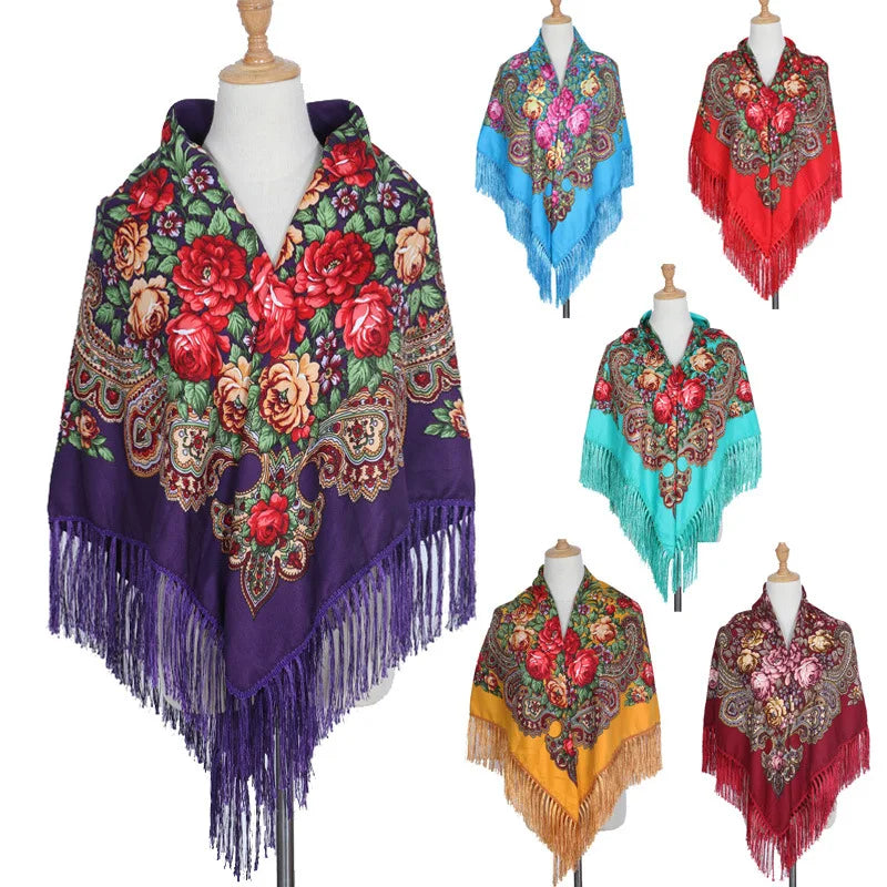 110cm Square Tassel Russia Cotton Polyester Hijabs Muslim Women Ethnic Scarves