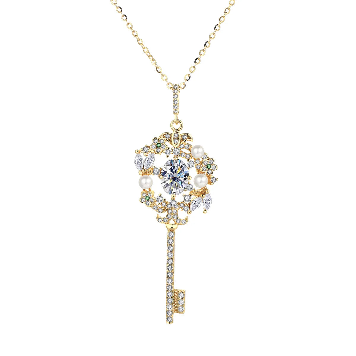 Factory Gold Plated Flowers Key Pendant Insert 6*8MM VVS1 GRA Moissanite Pearl Jewelry Fine 925 Silver Chokers Necklaces