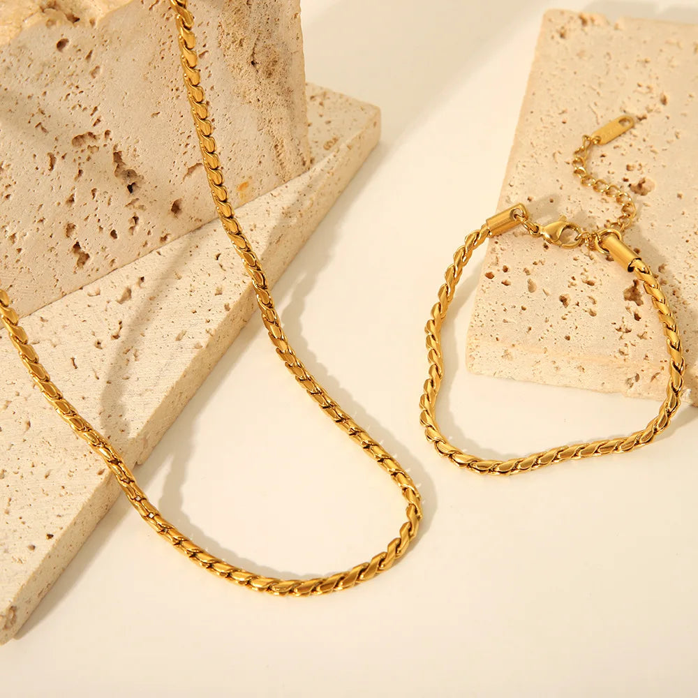 New Arrival 18K Gold Plated Stainless Steel Classic Chain Necklace Bracelet Jewelry Set for Women Men