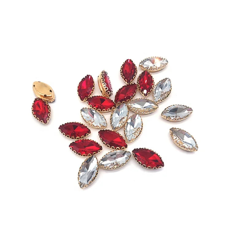 Wholesale 9*18mm Red Glass Crystal Navette Glue-On Rhinestone for Nail Art Shoes Bags Garment & Clothes