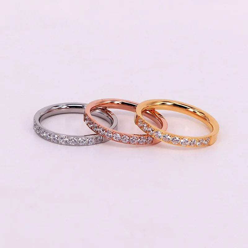 18K Gold Plated Crystal Rhinestone Channel Set Round Stainless Steel Orthodox IGI Certified Classic Style Women's Wedding Bands