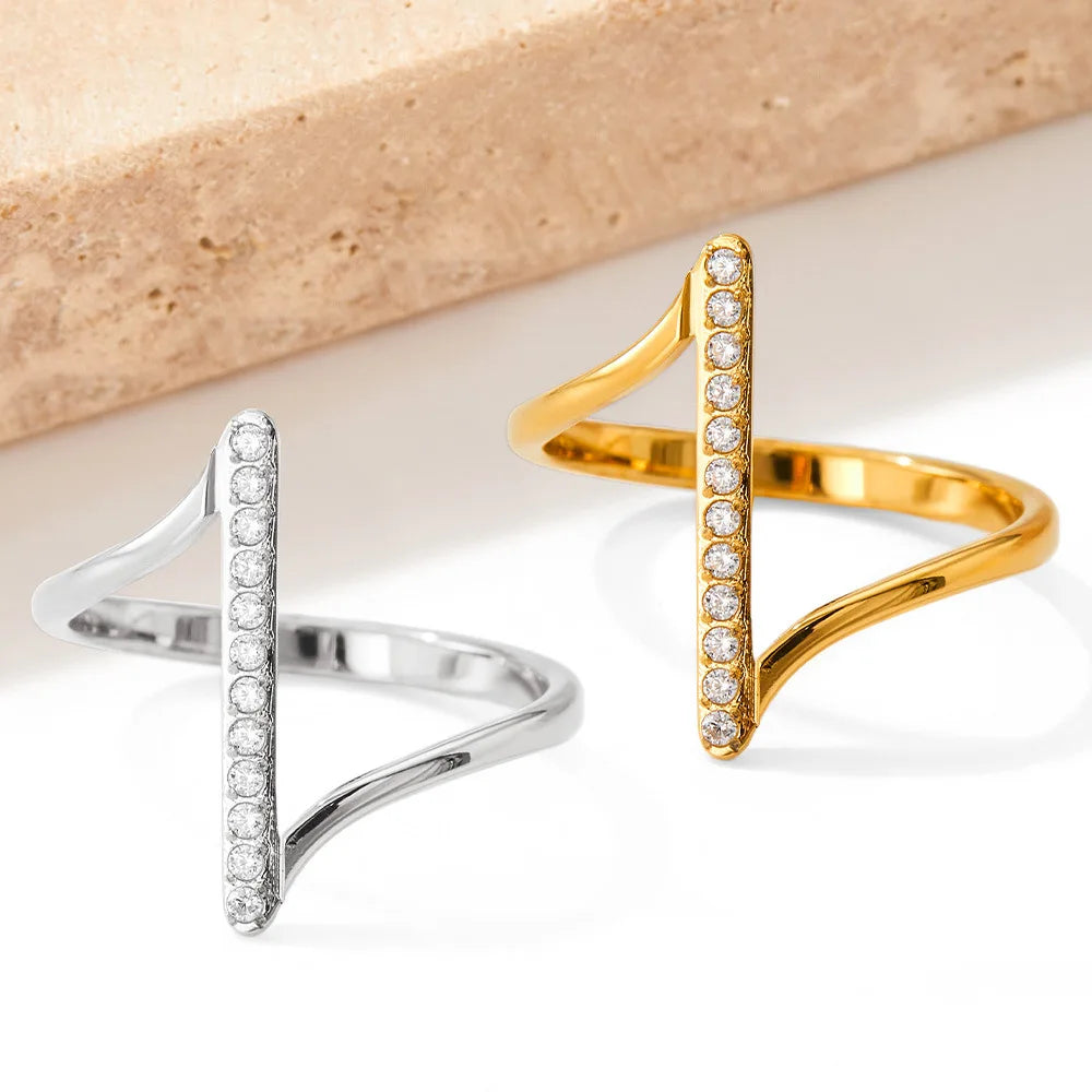 Ins Trendy Temperament Geometric Z-shaped Pave Shiny Zircon Rings Non Tarnish Stainless Steel Z Shape Bar Ring for Women
