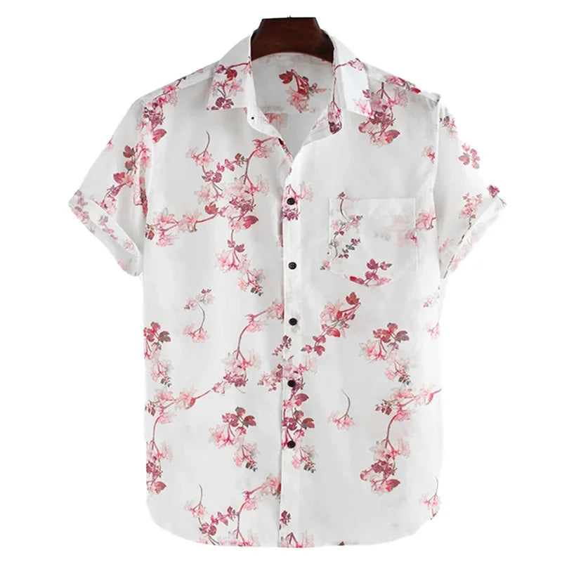 RNSHANGER Vintage Plum Floral Printed Shirt Short Sleeve Casual Streetwear Turn Down Collar Buttons Summer Leisure Men Shirts