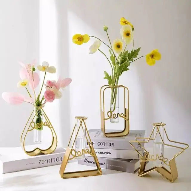 Hot Sale Metal Frame Wrought Iron Flower Glass Vase Decoratieve Metal Wire Flower Vase