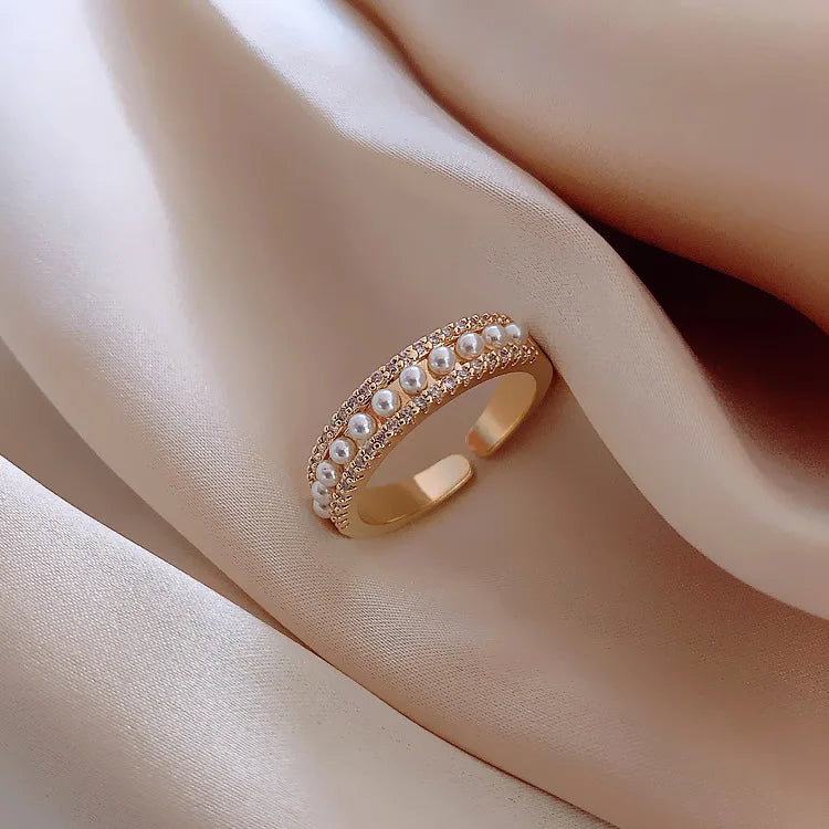 HOVANCI 4 2021 New Arrival Micro Pave Zircon Opening Cuff Ring C Shape Pearl Finger Ring for Wedding Party