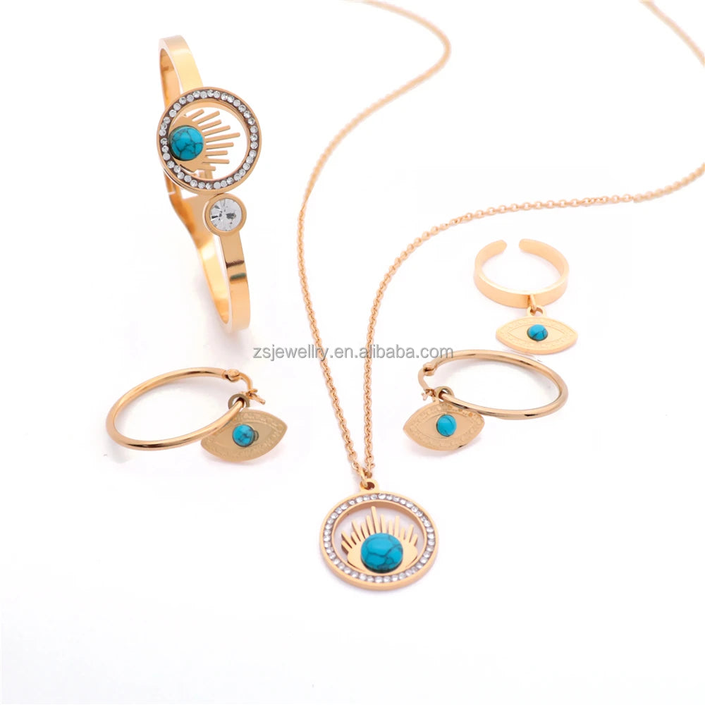 Zircon Dubai Stainless Steel Fashion Gemstone Gold Plated Designer Stainless Steel Jewelry 4Pcs Bracelet Girl Women Luxury Sets
