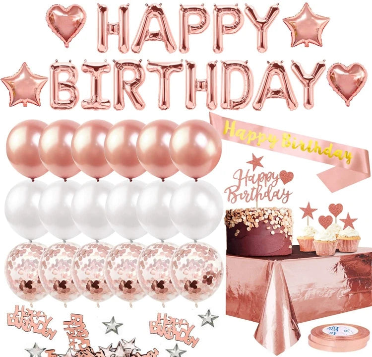 HAPPY BIRTHDAY Letter Balloon Set Heart Star Foil Confetti Balloons Fringe Curtain Foil Tablecloth Rose Gold Confetti Balloons