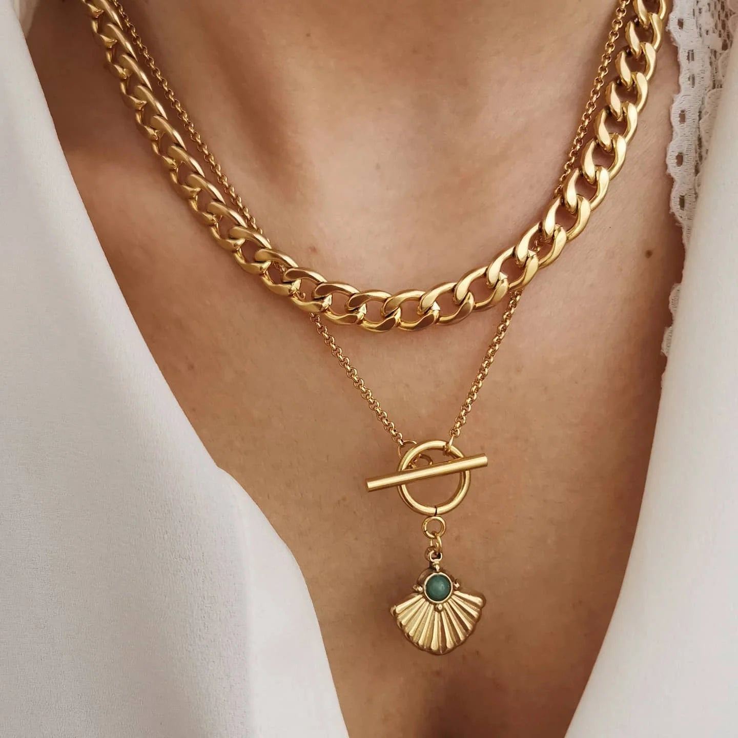 Customize Stainless Steel Jade Cuban Link Chain Gold Plated Trendy Statement Pendant Jewelry Choker Layered Necklace Set