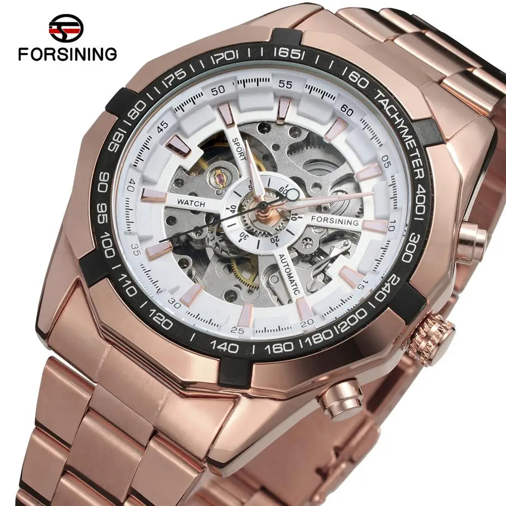 Forsining Wrist Watches Armbanduhr OEM Rose Gold Men Luxury Brand Automatic Custom Logo Gold Mechanical Skeleton Mens Watch