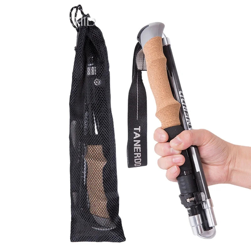 Ultra Lightweight Carbon Fiber Black 4-Joint Walking Stick Mountaineering Hiking Folding Design Cork Handle Rubber Tip