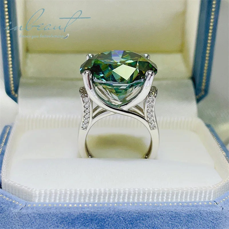 Silver 925 Original 20 Carat Round Brilliant Cut Diamond Test Past Green Moissanite Wedding Ring for Women Gift Gemstone Jewelry